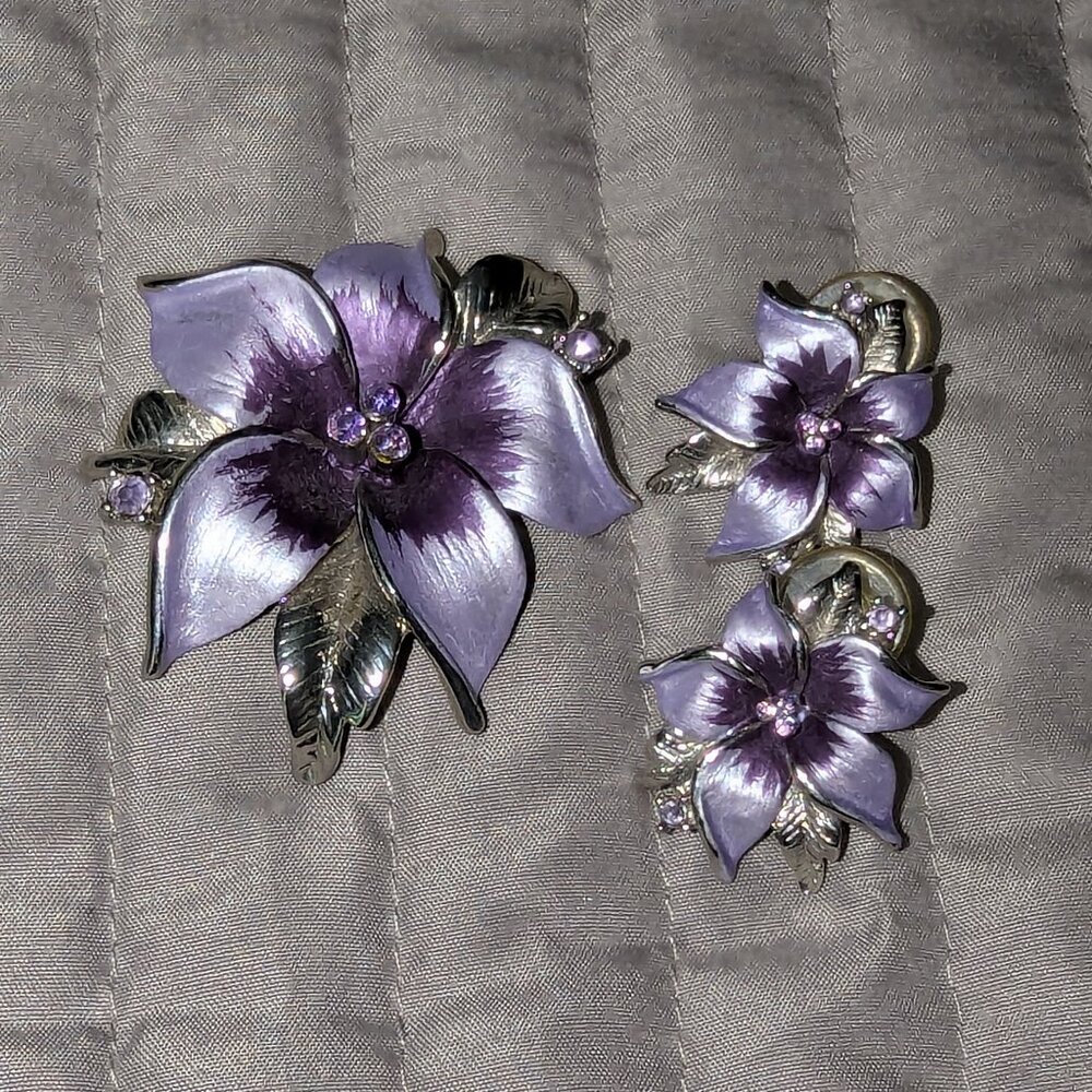 Purple Flower Pin with Matching Earrings
